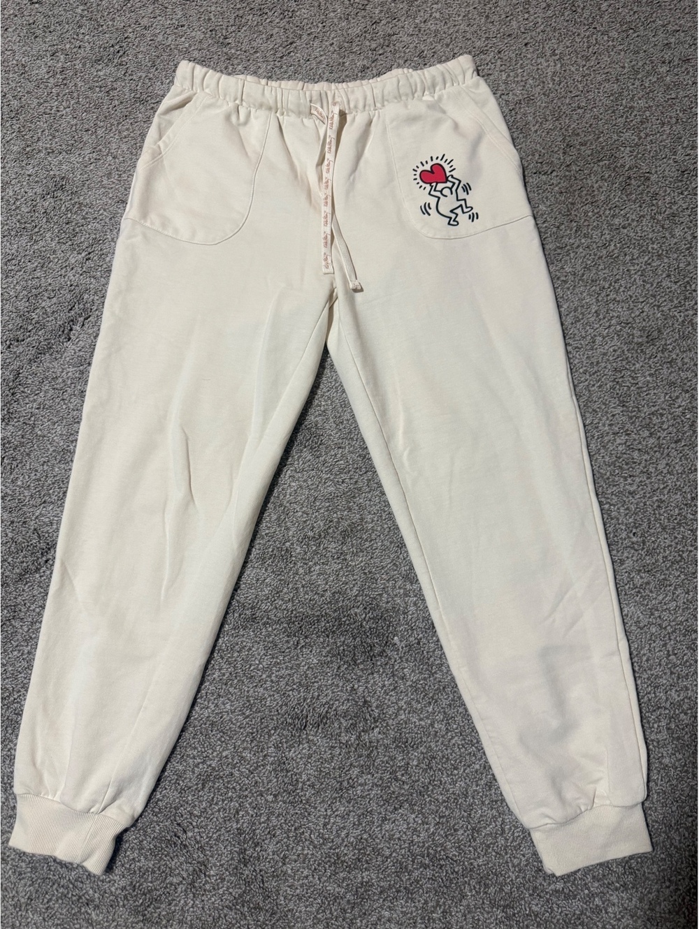Keith Haring Cream Sweatpants with Heart Graphic Pocket - Size Small